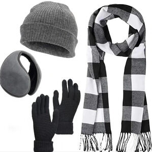 Scarf and Gloves Set - Knitted Winter Warmer Set, Winter Gloves Plaid Scarf Bean